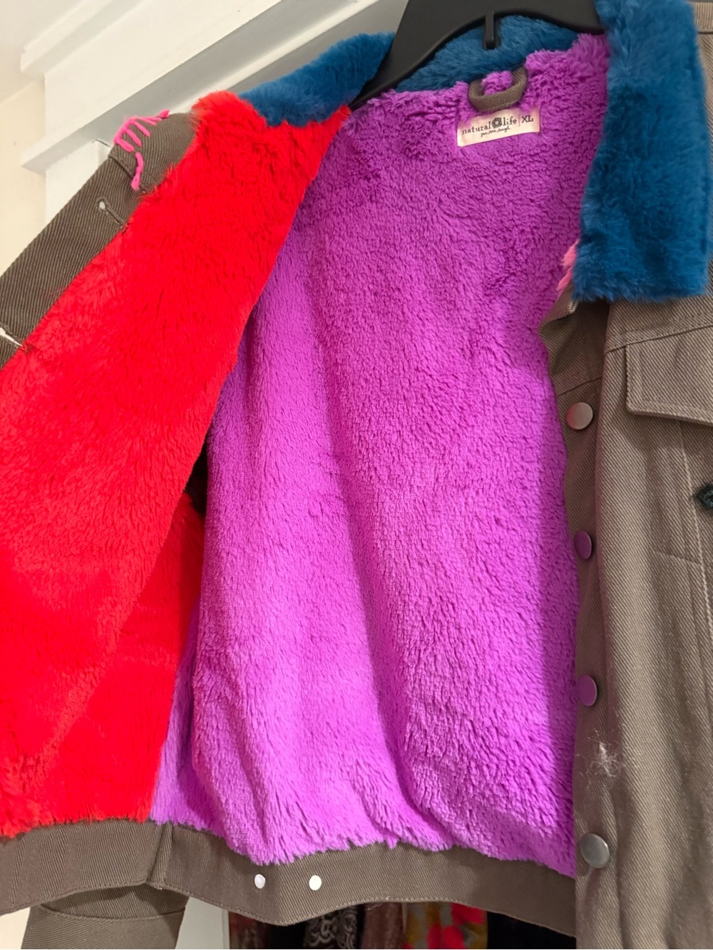NATURAL LIFE Taupe Jacket with Teal Collar and Bright Pink Lining - Picture 4 of 6